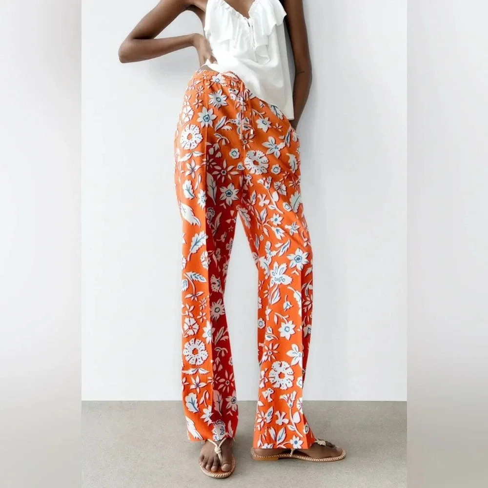 Zara Linen Blend Floral Printed Pants Trousers High Rise Wide Leg Size Small